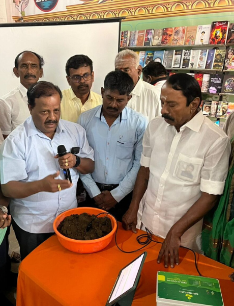 Former Agriculture Minister and current MLA along with farmers inspecting SenseLuto smart soil monitoring technology demo in Gopichettipalayam for sustainable farming practices